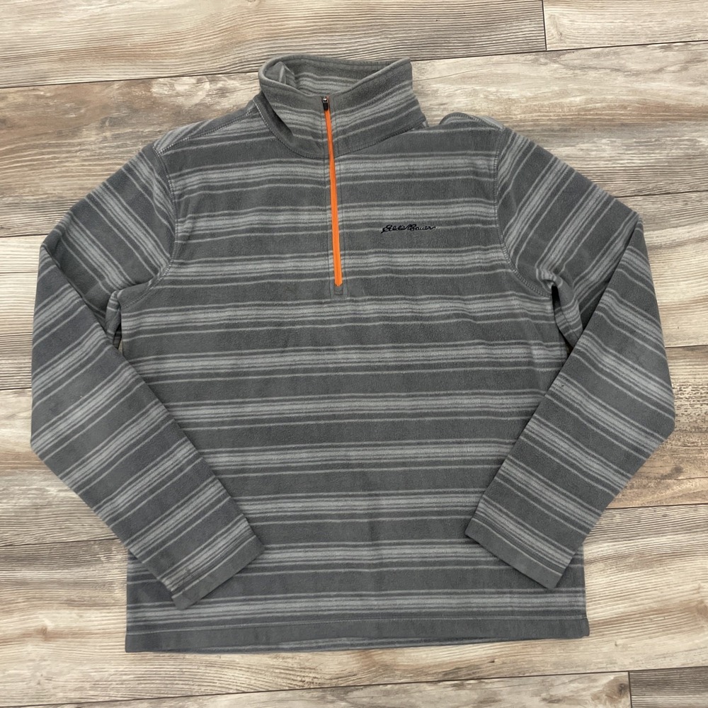Eddie Bauer Mens Fleece 1/4 Zip Stripe Pullover Gray Orange Medium